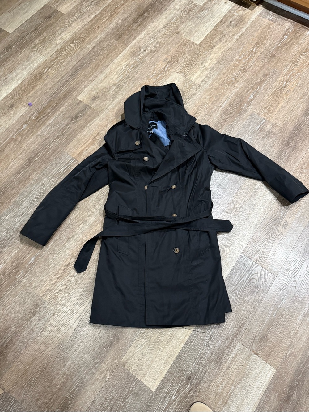 London Fog Double Breasted Belted Trench Coat Hooded Rain Jacket Black L